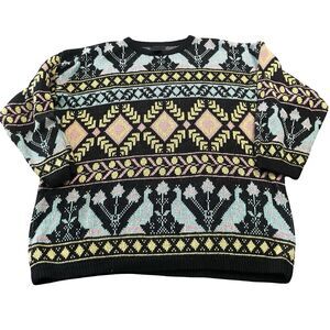 80s 90s Sweater Size L/XL New Wave Fair Isle Blue Bird Fuzzy Crewneck Pastel